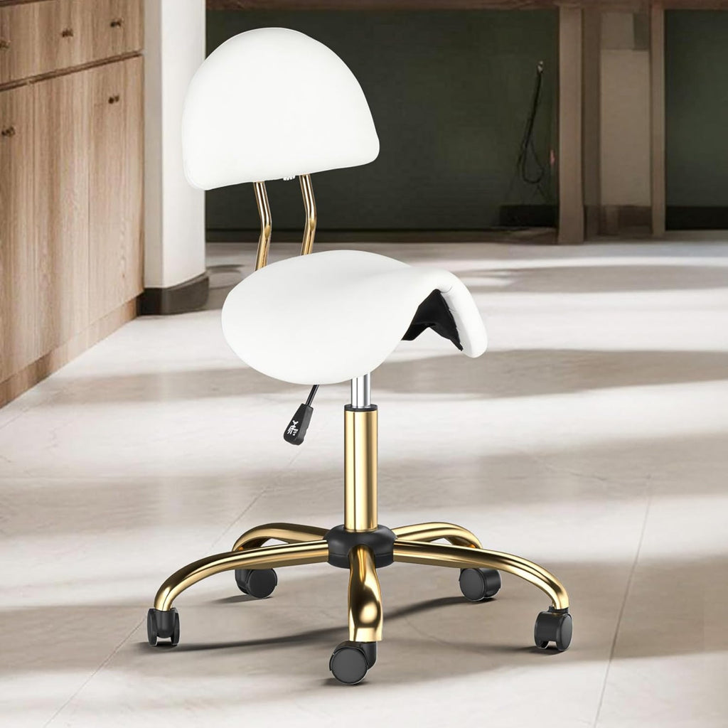 Taburete Bonnlo con Respaldo Extraíble, Taburete Giratorio de 360°, Taburete de Altura Ajustable (48-63Cm), Taburete Ergonómico con Ruedas y Capacidad de Carga de 180Kg para Salón/Oficina/Bar, Cuero Sintético (Blanco-Dorado, 40X34X91)