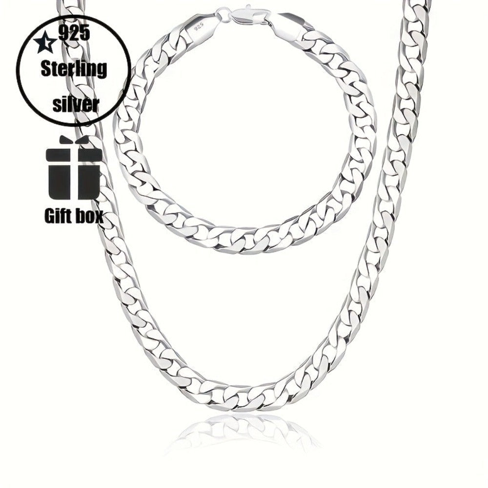 Conjunto de dos piezas de cadena de moda de plata 925, collar y pulsera para hombre, cadena pura para hombre, regalo de San Valentín, regalo del Día del Padre con caja de regalo exquisita incluida
