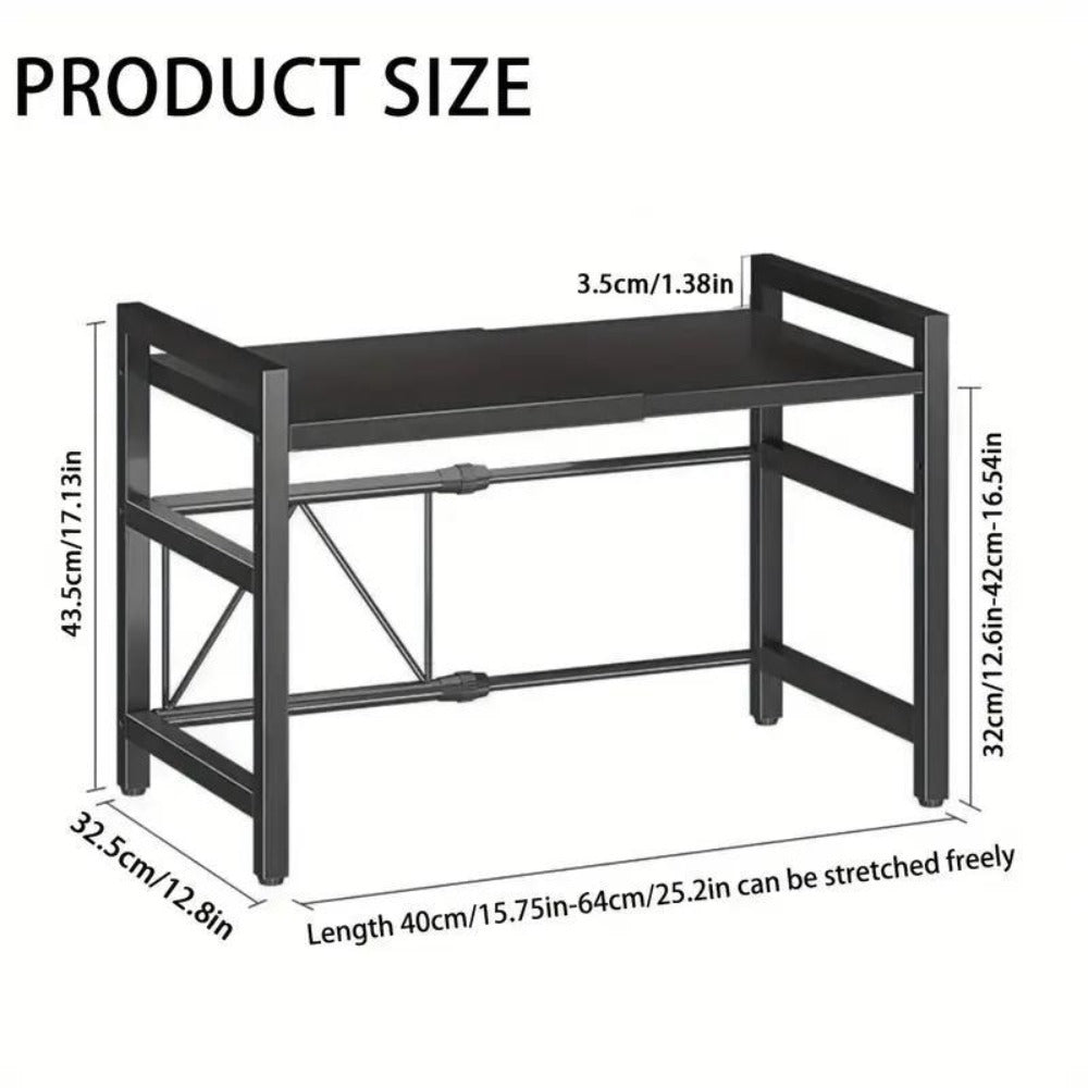 Estante de almacenamiento para microondas, estante de encimera expandible para microondas para guardar utensilios de cocina y vajilla, estante ajustable de 2 niveles que ahorra espacio con 6 ganchos, estante de encimera de acero al carbono para microondas