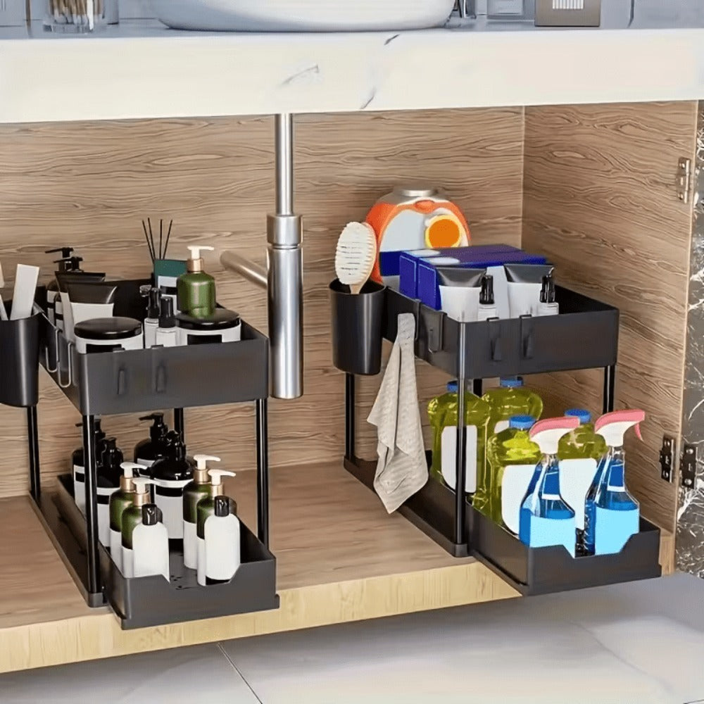 2 Paquetes de Organizadores y Almacenamiento Debajo del Fregadero, Organizador de Cesta Deslizante de 2 Niveles con Ganchos, Organizadores y Almacenamiento Multiusos Debajo del Fregadero para Baño y Cocina