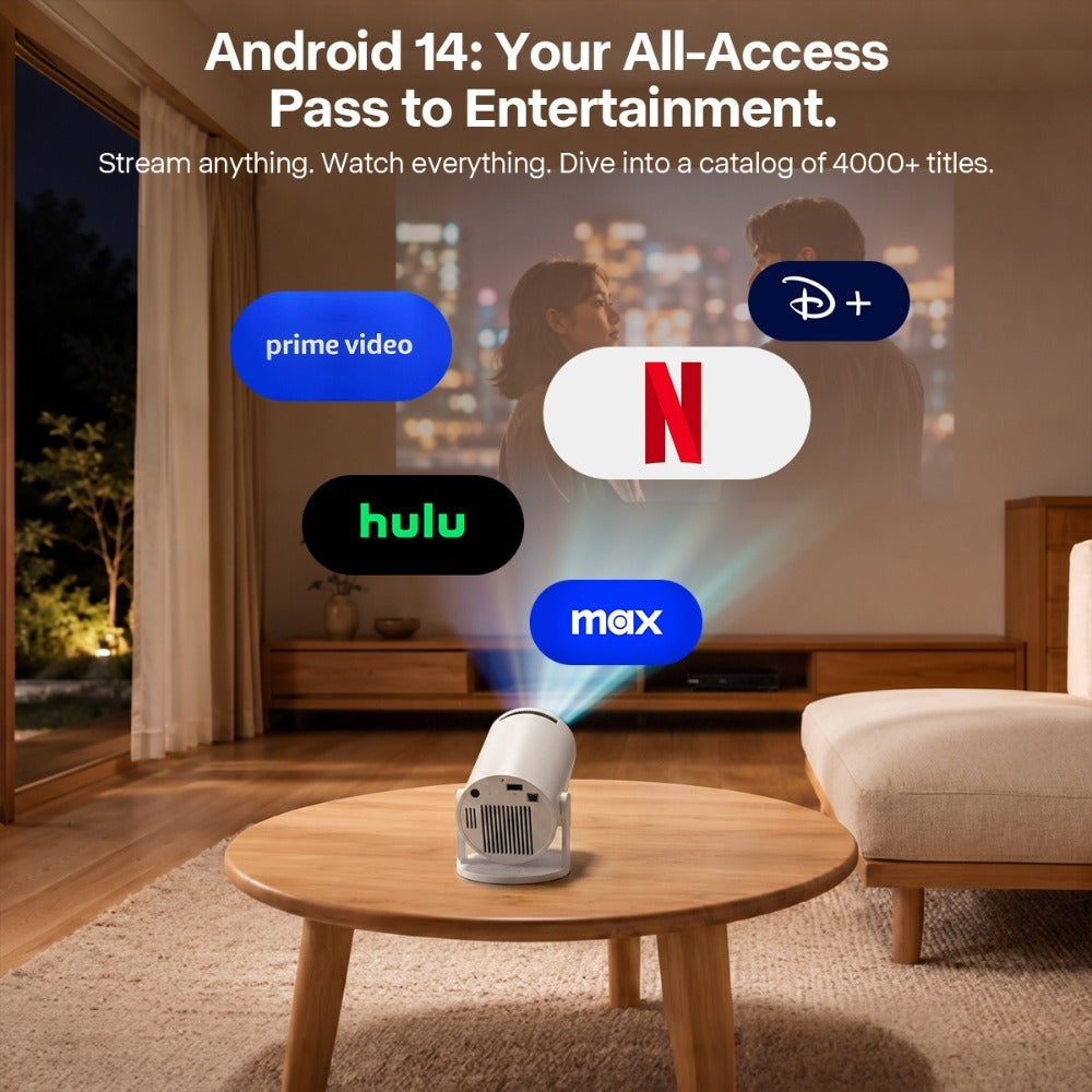 [Proyector Mini Portátil para el Hogar Magcubic HY300Pro] Nativo 720P, Compatible con 8K - 300ANSI - Enfoque Manual y Corrección Trapezoidal - Relación de Proyección 0.9:1 - Android 14 - Almacenamiento de 1GB RAM + 8GB ROM - Mini Proyector de Cine en Casa