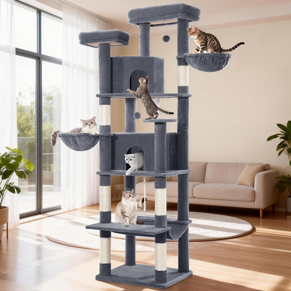 Rascador Grande para Gatos, Rascador de 216 Cm, Gatos Grandes, Estable con Rascadores, 2 Casas Cómodas para Gatos, 2 Perchas, 2 Cestas, Hamaca, Para Uso en Interiores