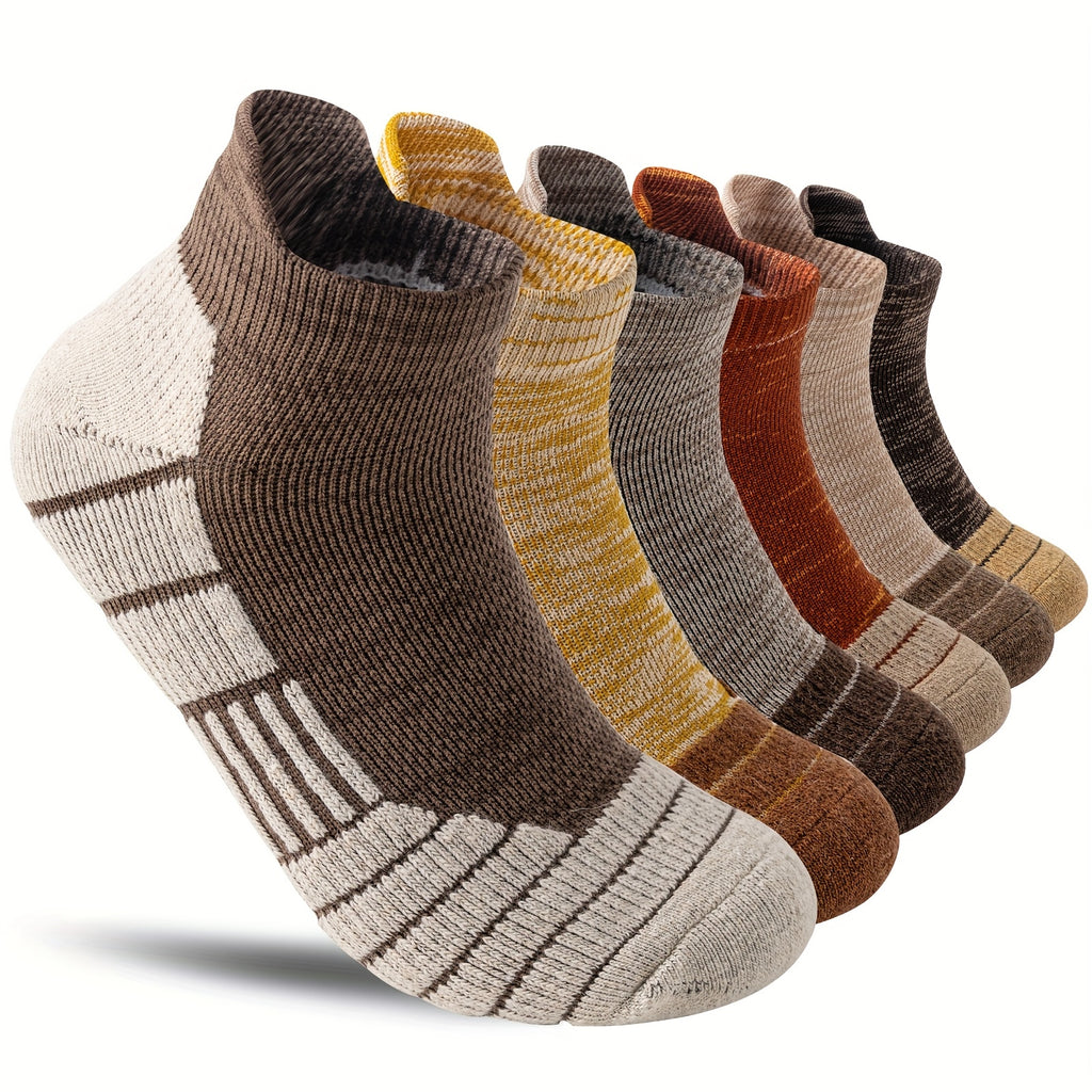 Seis pares de calcetines tobilleros de lana merino, ideales para senderismo y running. Estos calcetines de trabajo ofrecen soporte de compresión, absorben el sudor y son transpirables con un amortiguamiento grueso. Son de corte bajo y están diseñados para