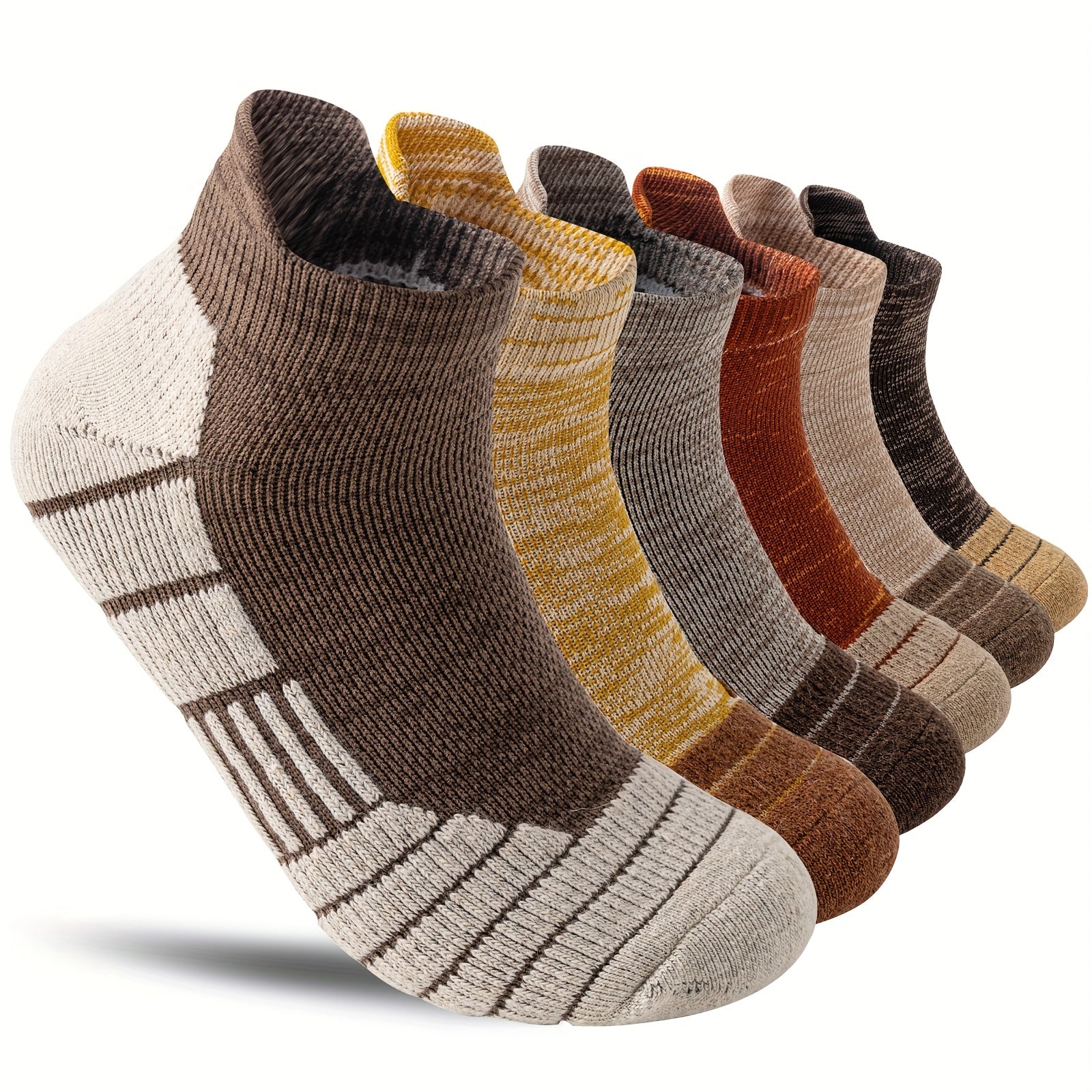 Seis pares de calcetines tobilleros de lana merino, ideales para senderismo y running. Estos calcetines de trabajo ofrecen soporte de compresión, absorben el sudor y son transpirables con un amortiguamiento grueso. Son de corte bajo y están diseñados para