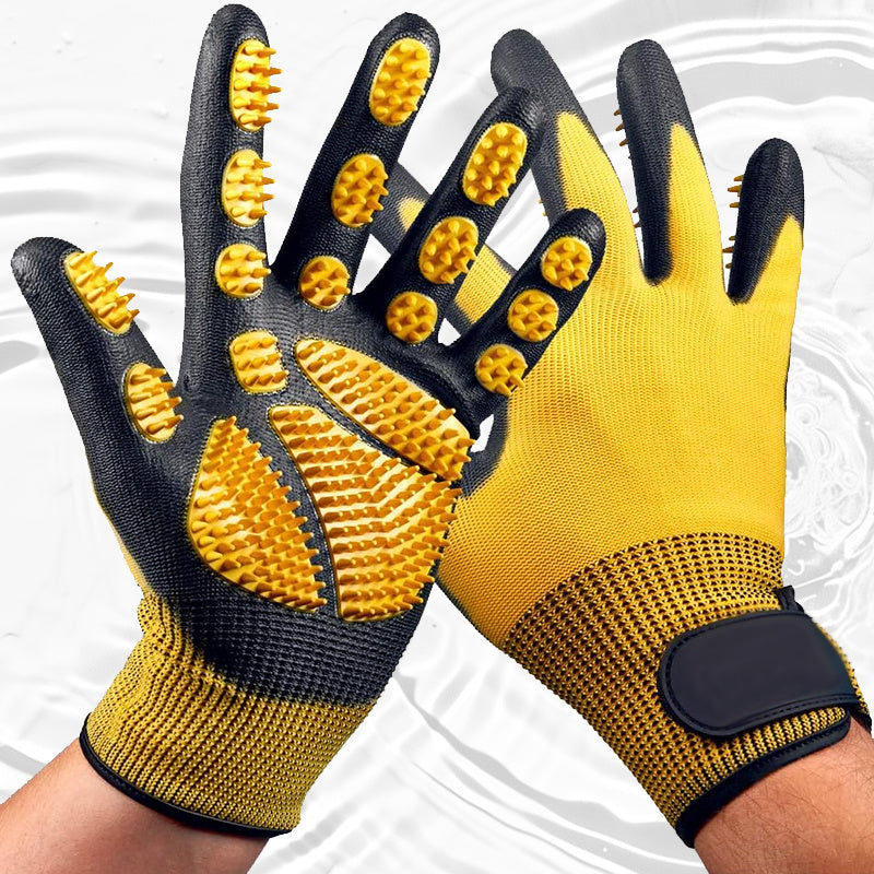 Guantes para baño y aseo de mascotas - Guantes para deshacer pelaje aptos para mascotas con pelo largo y corto, eficaces para eliminar el pelo de gatos, perros y caballos (Amarillo)