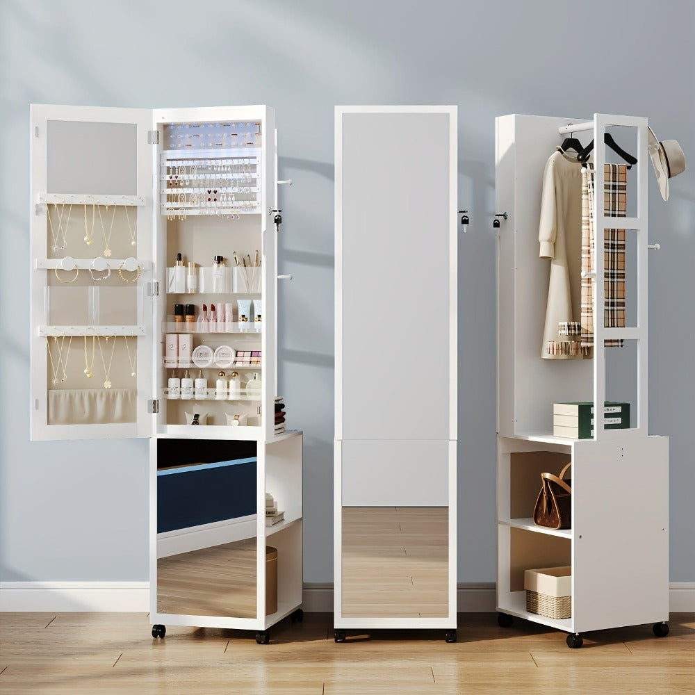 Armario para Joyería, Organizador de 64.8 Pulgadas con Perchero, Espejo Largo Bloqueable y 4 Ruedas, Estantes con Ganchos, 5 en 1, Blanco y Beige/Blanco y , Armarios para Joyas