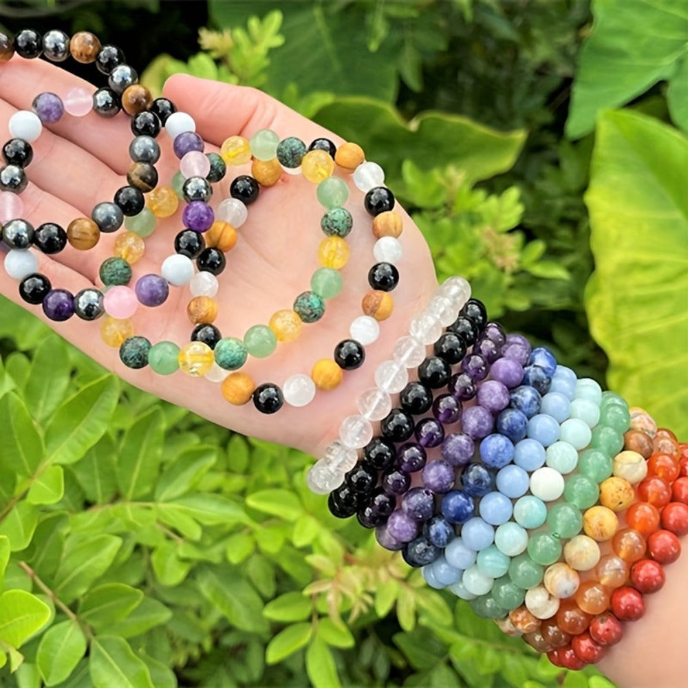 20 pulseras de piedra natural, pulseras de cuentas de piedra artificial de color aleatorio para mujeres y hombres, pulseras elásticas de cuentas redondas de 8 mm, pulseras naturales, regalo de cumpleaños, pulseras para mujer, pulseras para hombre, regalos