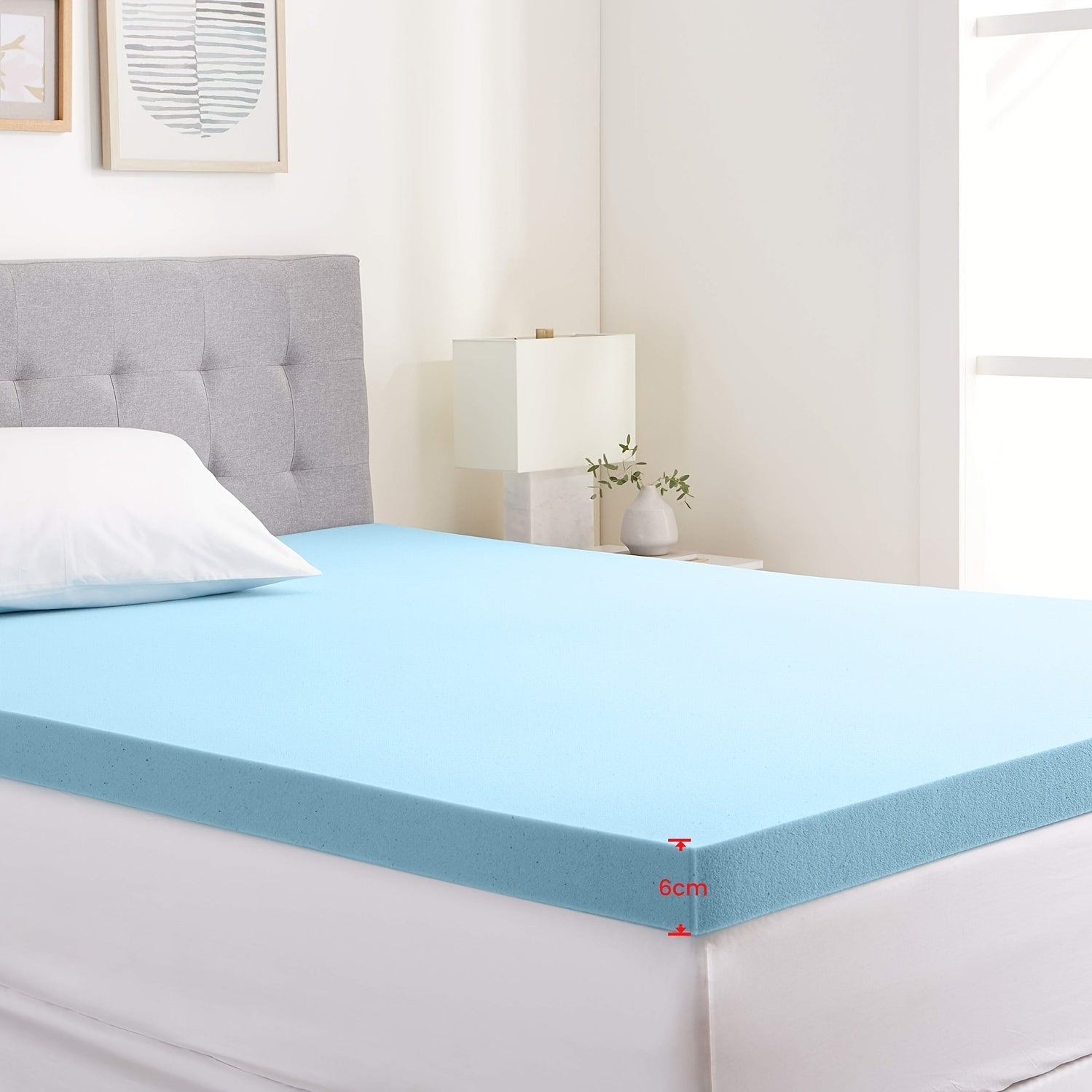 Topper de colchón individual de gel azul de 6 cm de grosor, transpirable y cómodo, buen soporte, mejora la experiencia de sueño