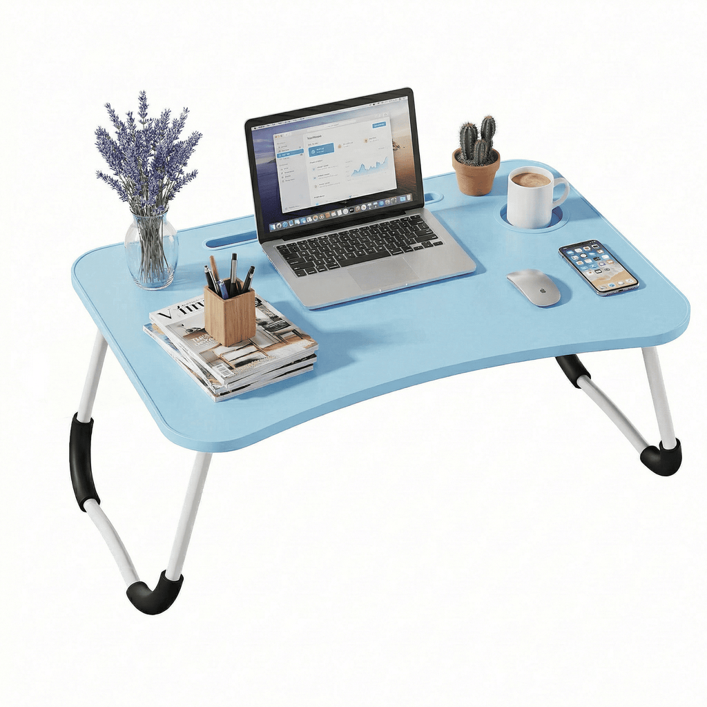 Mesa plegable para cama y sofá con portavasos, mesa auxiliar multifunción con atril para leer en la cama, bandeja multifunción para ordenador, libros, trabajo y estudio en casa (50x30x22cm)
