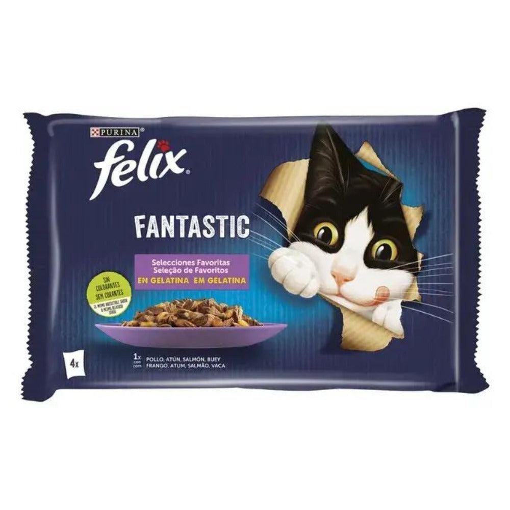 Paquete Ahorro Felix Fantastic Selecciones Favoritas en Gelatina de Pollo, Buey, Salmón y Atún