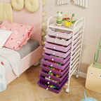Carrito de 10 Cajones con Ruedas Bloqueables, Carrito de Almacenamiento con Cajón Extraíble, Organizador Multifuncional para el Hogar, Carrito Utilitario Móvil con Estructura de Metal y Asa, Almacenamiento de Suministros de Oficina, Morado y Rosa