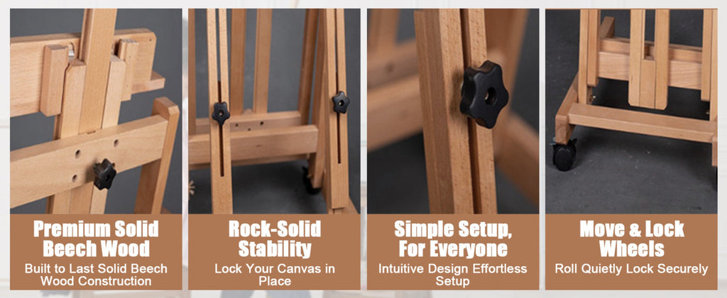 Caballete de gran tamaño de alta resistencia con estructura en H para adultos - Soporte de artista plegable con ruedas y altura ajustable con base de madera, sostiene 1 o 2 lienzos de hasta 240 cm, caballete de pintura portátil para estudio, exhibición al