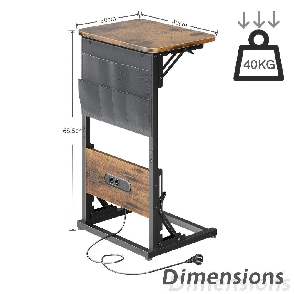Mesa Auxiliar Plegable con Enchufe y Puertos USB Incorporados, Mesa de Noche Ajustable con Organizador de Almacenamiento para Sofá, Cama, Oficina en Casa