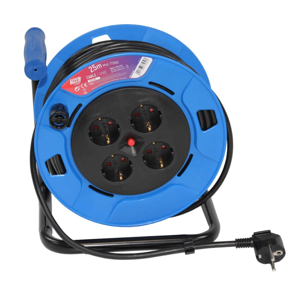Tayg Extensible Eléctrico Plástico – Enrollacables Azul/Negro con 4 Enchufes, Uso Interior/Exterior