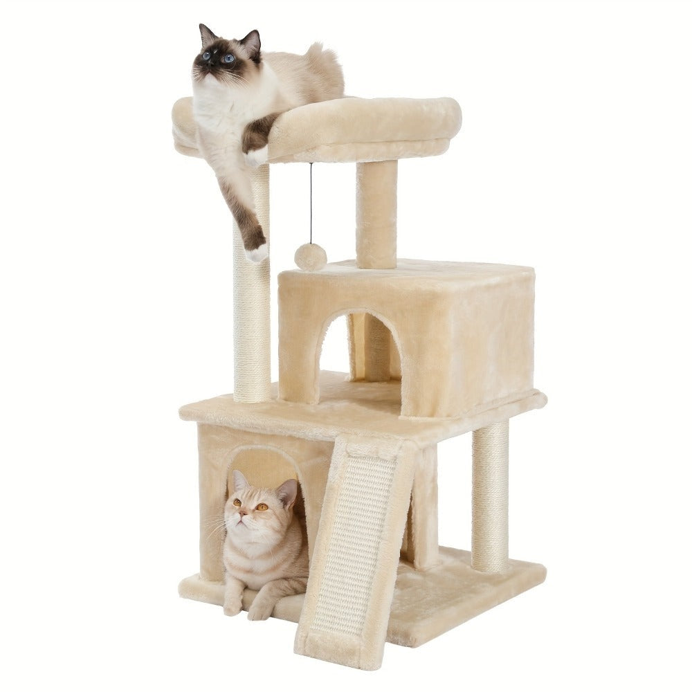 Árbol para Gatos Deluxe Pawz Road con Poste Rascador de Cuerda de Sisal - Condominio Multinivel de Peluche y Casa de Juegos, Muebles Duraderos para Gatos Pequeños a Medianos, Incluye Bolas Colgantes y de Pie, Muebles para Gatos