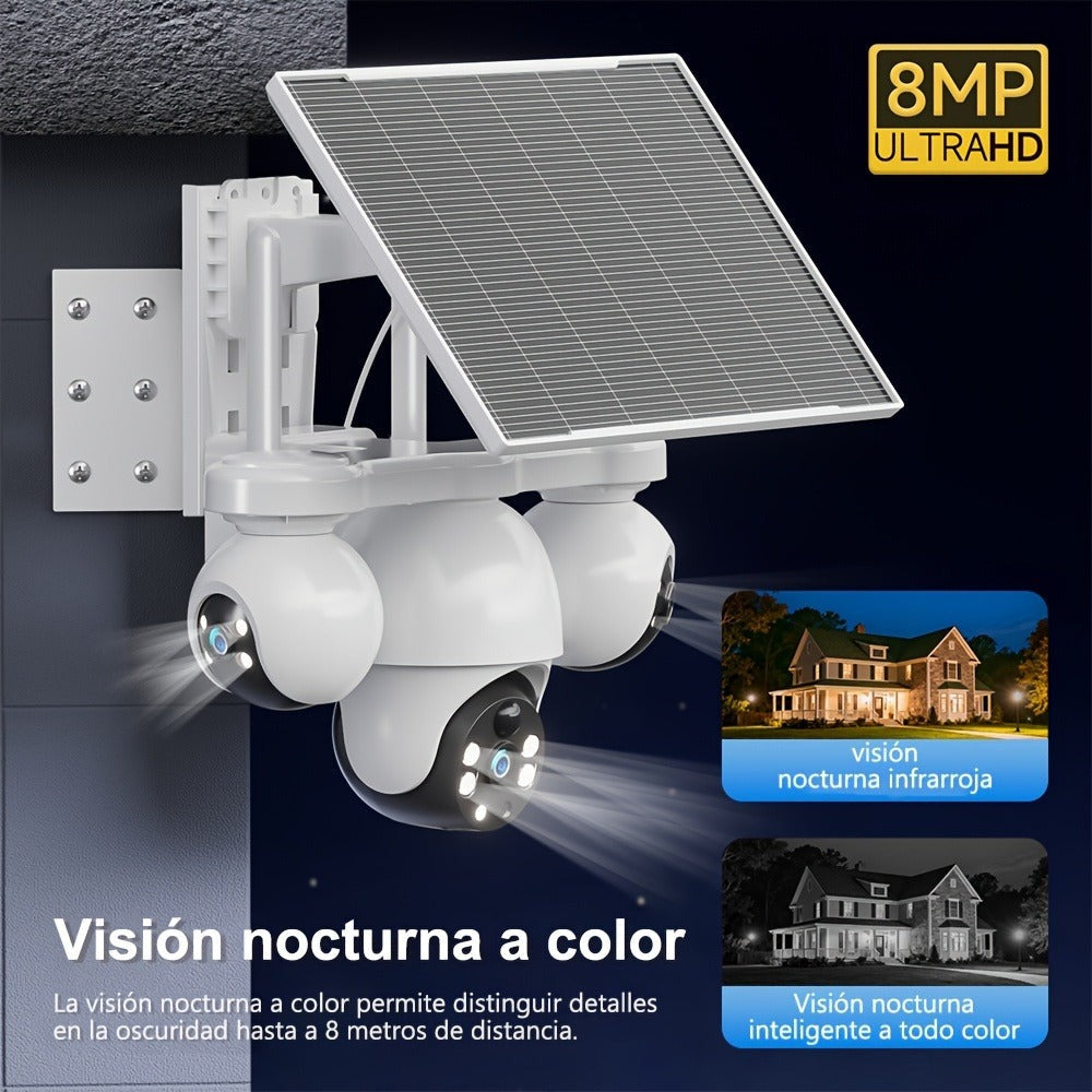 Cámara de seguridad solar solar exterior de 8MP con triple lente y triple vista 4G, videovigilancia, rotación panorámica-inclinable PTZ 360°, seguimiento de movimiento, detección humana PIR, audio bidireccional, visión nocturna a todo color, notificacione