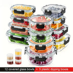 Juego de 34 recipientes de cristal para almacenar alimentos con tapas, recipientes herméticos de cristal para preparación de comidas (17 recipientes y 17 tapas), recipientes para almuerzo a prueba de fugas, aptos para microondas, horno, congelador y lavav
