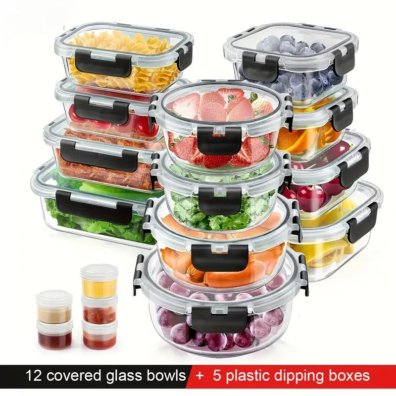 Juego de 34 recipientes de cristal para almacenar alimentos con tapas, recipientes herméticos de cristal para preparación de comidas (17 recipientes y 17 tapas), recipientes para almuerzo a prueba de fugas, aptos para microondas, horno, congelador y lavav