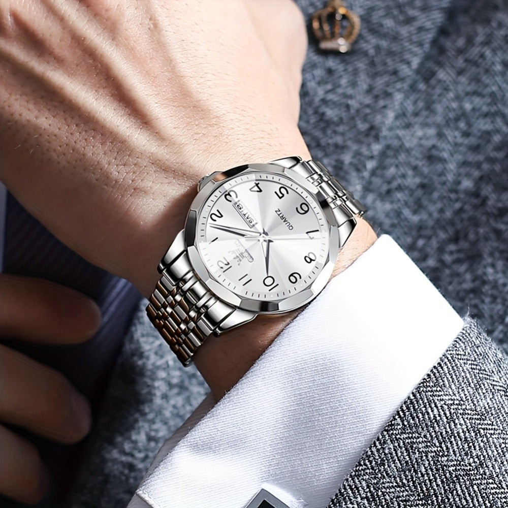 Reloj Luminoso OLEVS para Hombres con Fecha - Reloj de Vestir Analógico/Digital, Manecillas Luminosas e Indicador de Fecha, Reloj de Acero Inoxidable Minimalista para Negocios y Atuendos Informales - Esfera Azul/Negra/Blanca, Regalo Ideal de Navidad para