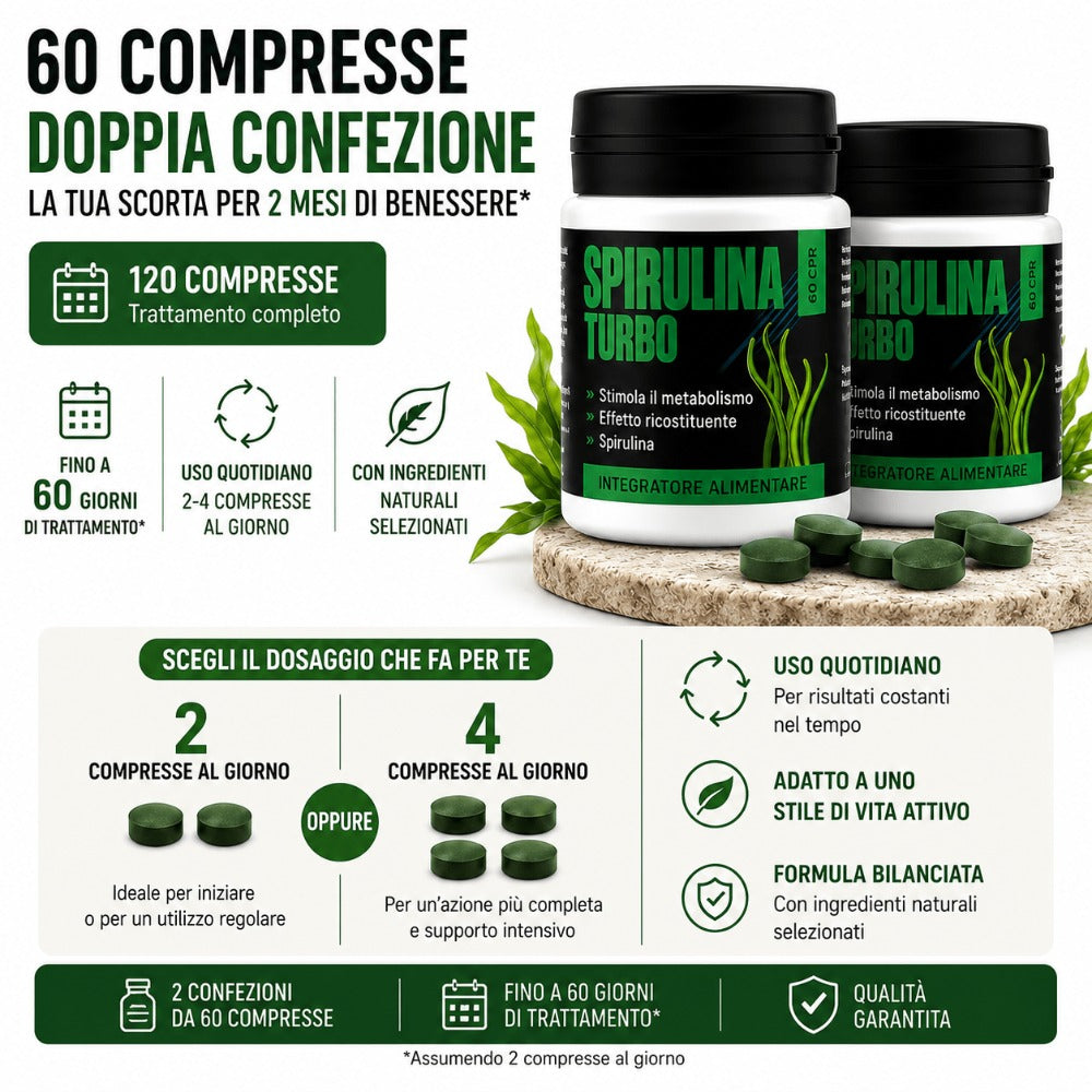 Spirulina Turbo – Suplemento Dietético a Base de Espirulina – 60 Tabletas Veganas de 500 mg – Apoyo para la Rutina Diaria y el Bienestar