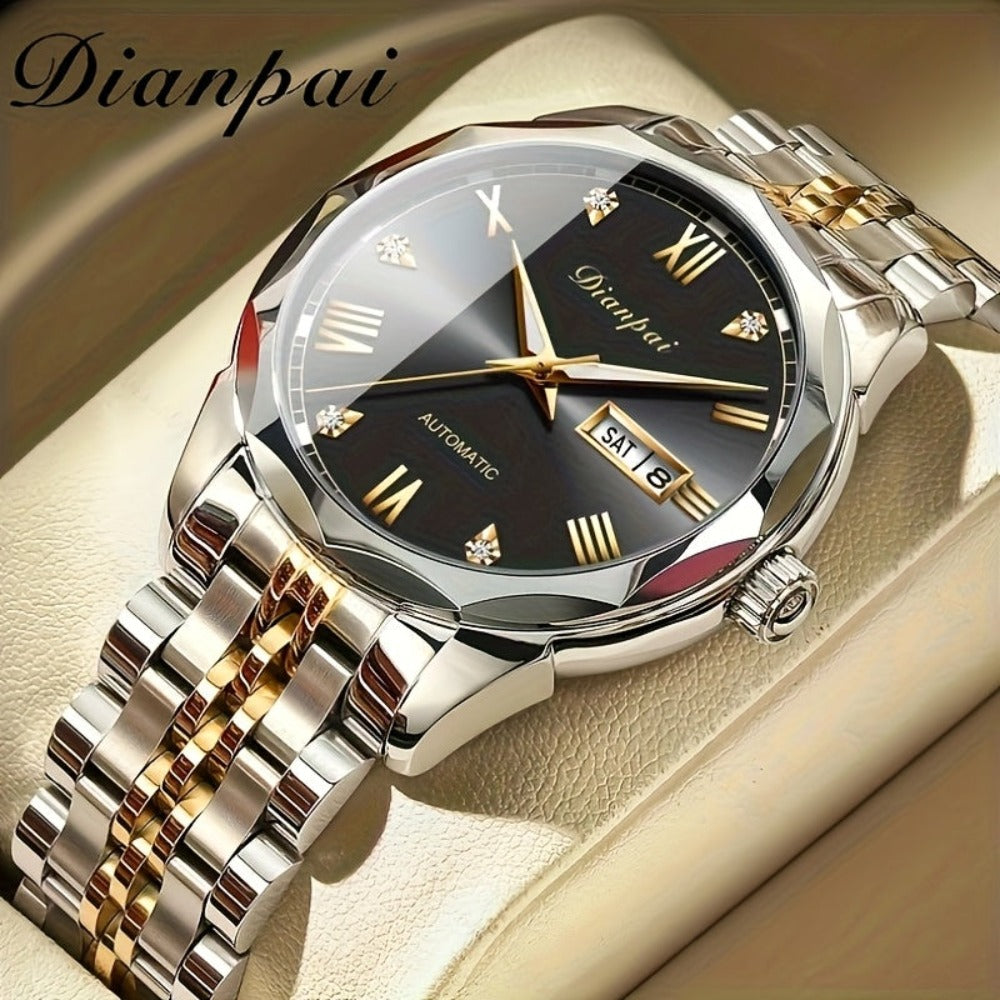 Reloj mecánico automático de lujo para hombre de Dianpai, ideal para uso diario casual, con diseño redondo, calendario y agujas luminosas, un regalo perfecto para hombres, sin batería.