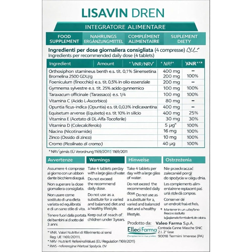 LisavinDren – Suplemento Dietético con Orthosiphon, Bromelina, Hinojo, Gymnema, Diente de León, Vitaminas y Minerales – 240 Tabletas