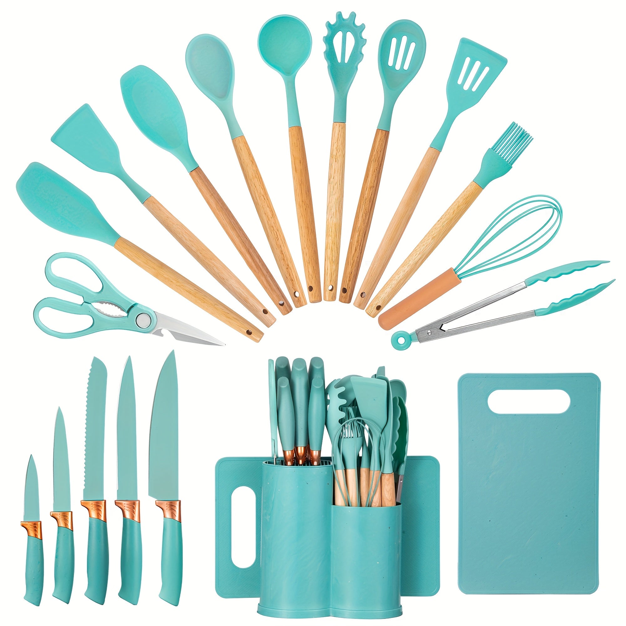 Juego de 19 piezas de cuchillos de cocina modernos y utensilios de cocina - Colección de hojas profesionales con mangos ergonómicos - Accesorios de cocina de alta calidad con soporte de almacenamiento - Herramientas de corte de espiga completa y esenciale