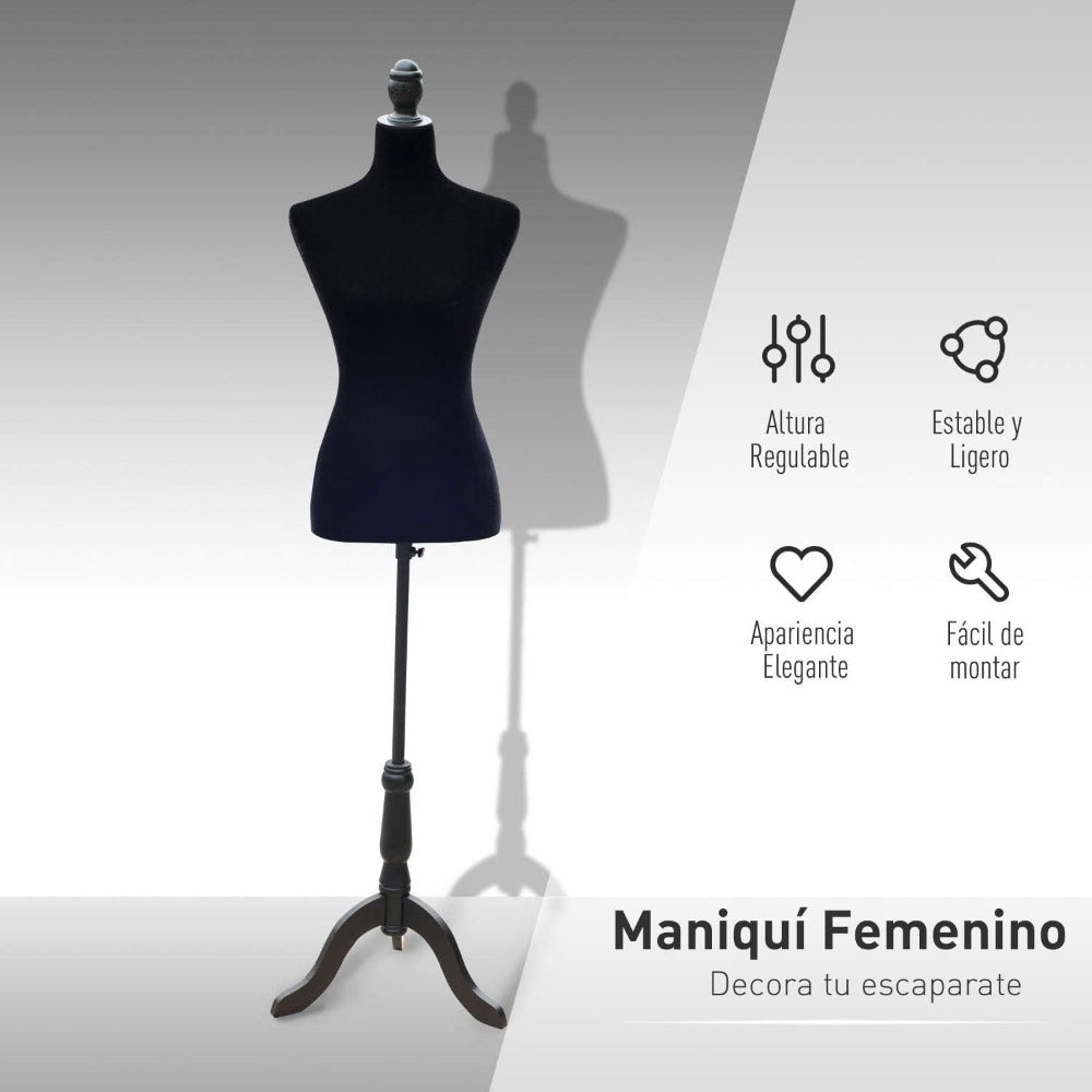 Maniquí de Costura Femenino Ropa Maniquí de Costura Ajustable a 130-168 cm con Trípode de Madera para Fotografía de Moda Exposición de Prendas Negro
