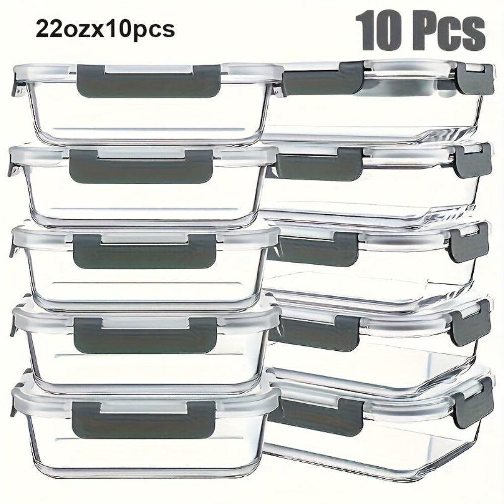 10 Piezas de Recipientes de Vidrio para Almuerzo, con Tapas Herméticas de Alas - Juego de Comidas a Prueba de Fugas, Seguro para Microondas y Lavavajillas, Apto para Congelador, Control de Porciones y Planificación de Comidas, Ideal para Hogar, Oficina y