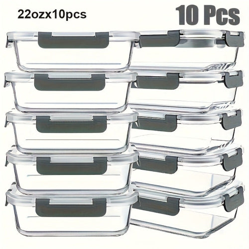 10 Piezas de Recipientes de Vidrio para Almuerzo, con Tapas Herméticas de Alas - Juego de Comidas a Prueba de Fugas, Seguro para Microondas y Lavavajillas, Apto para Congelador, Control de Porciones y Planificación de Comidas, Ideal para Hogar, Oficina y