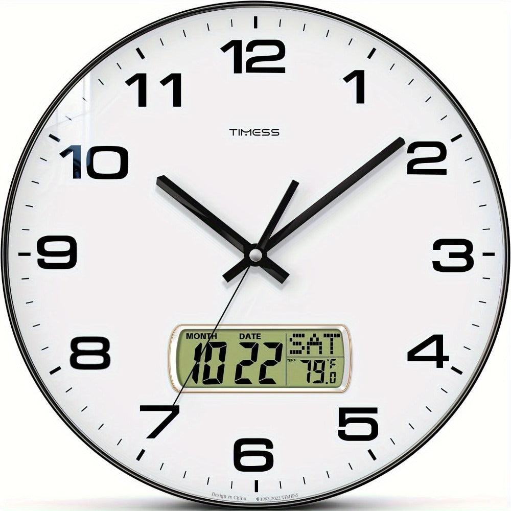 Reloj de Pared Analógico TIMESS con Calendario, Esfera Grande Silenciosa 12/14 Pulgadas en 2 Colores, Muestra Fecha Perpetua y Temperatura Fahrenheit, Decoración para Dormitorio, Oficina o Escuela