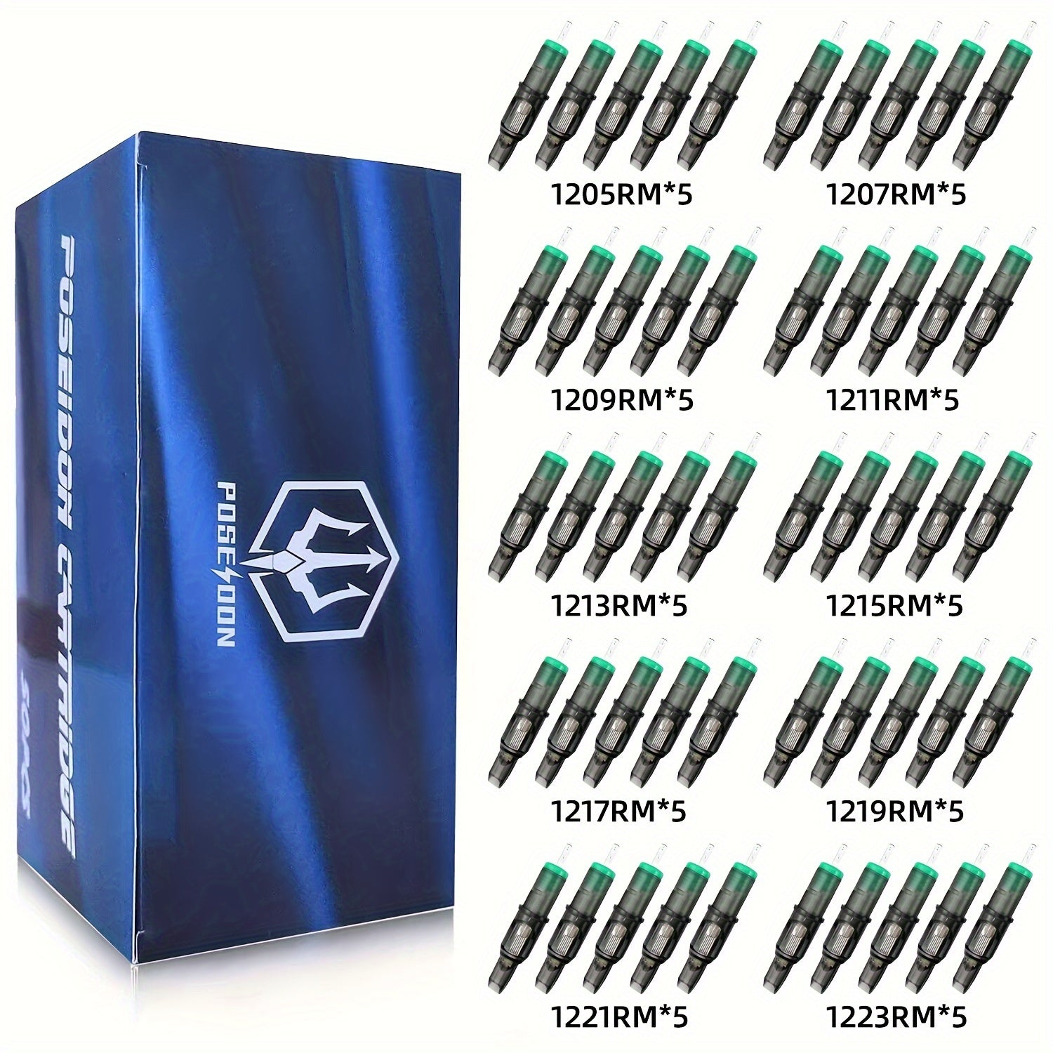 50 Agujas de Cartucho para Tatuaje Poseidon Surtidas en Varios Tamaños, Incluyendo Tipos Redondo Liner, Shader y Magnum, Disponibles en Opciones Curvas y Redondas