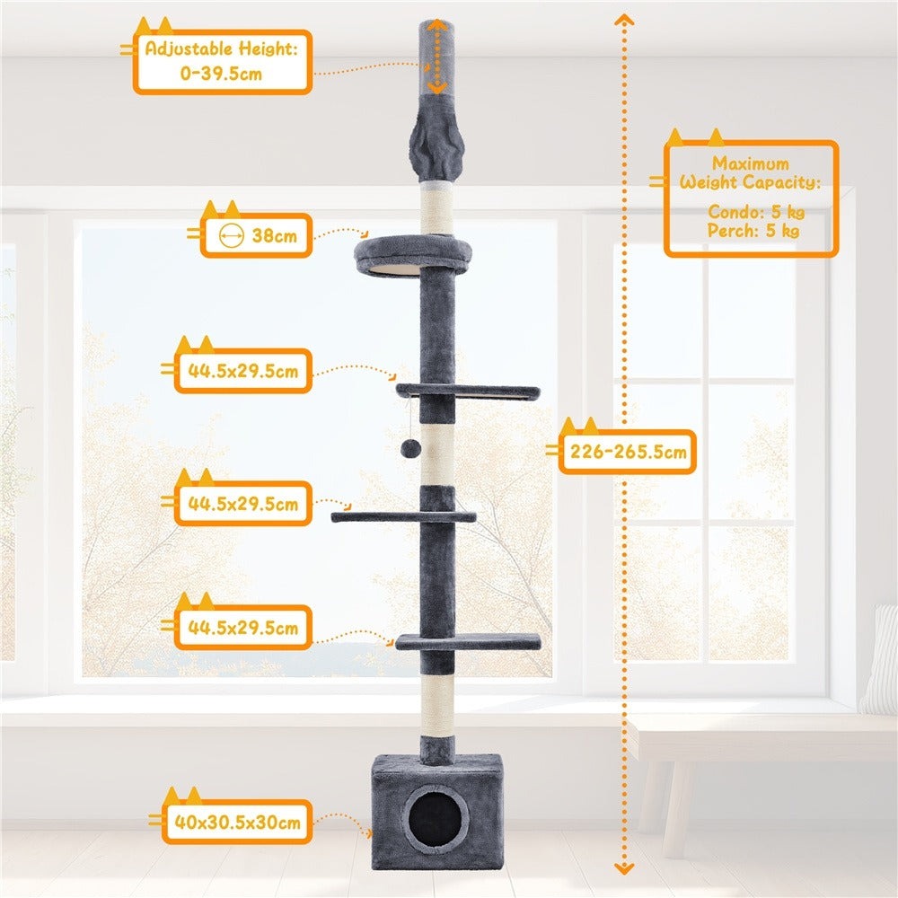 Árbol para gatos Costoffs de techo alto, altura ajustable de 226 cm a 266 cm, poste rascador multinivel con cama para gatos, plataformas y caseta