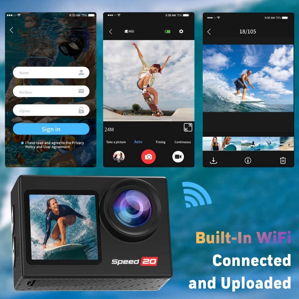 Cámara de Acción 4K HD, con Kit de Accesorios Completo, Pantalla OLED de 1.4 Pulgadas, Estabilización de Imagen Digital, Control de Exposición Automático, Conectividad WiFi, Formato MP4, Lente Ojo de Pez, Enfoque Automático Híbrido, Medición de Peso Centr