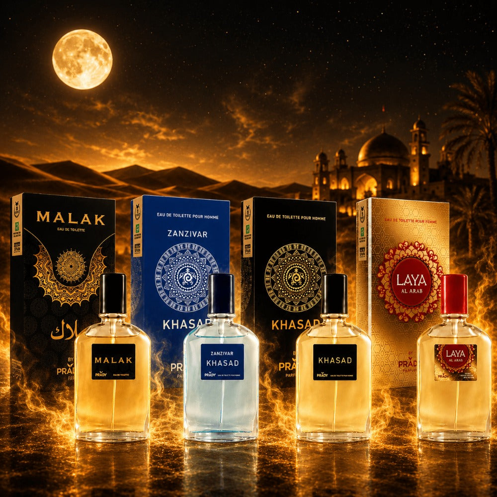 Perfumes Árabes Prady Pack 4 Unidades Hombre y Mujer – Fragancias Orientales Larga Duración MALAK, KHASAD, ZANZIVAR, LAYA – Eau de Toilette Elegante y Sensual