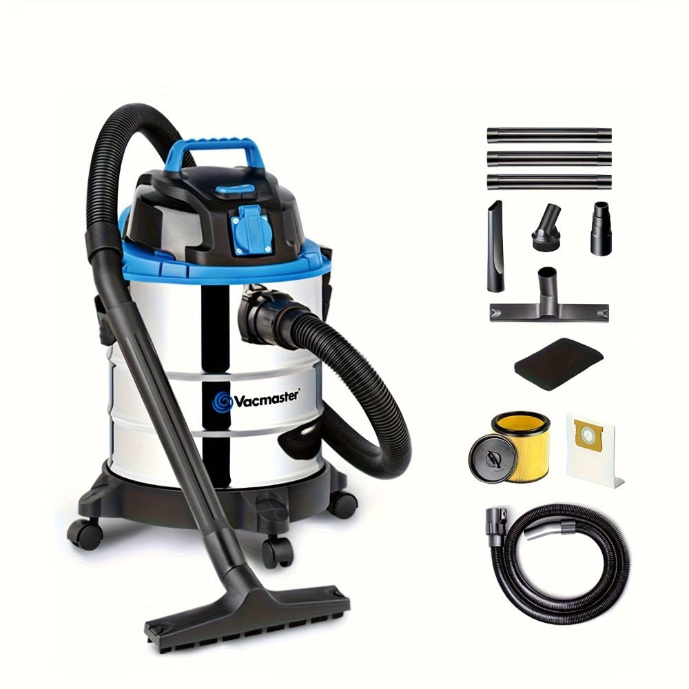 Aspiradora industrial para uso en seco y húmedo 1250W 18L, función de soplado, sin bolsa, acero inoxidable, para sótano, garaje, cocina, patio