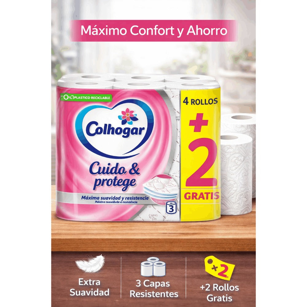 Papel Higiénico Colhogar Cuida & Protege – 3 Capas, Pack 4+2 Rollos (6 Rollos)
