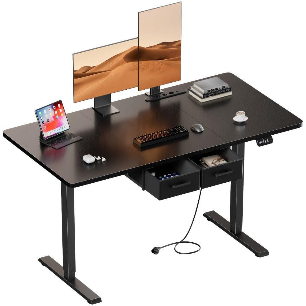 Furnishia Escritorio Eléctrico Elevable con Tomas de Corriente, Escritorio Inteligente con Panel de Memoria y Altura Ajustable con 2 Cajones, Escritorio para Oficina y Estación de Trabajo para Escritura