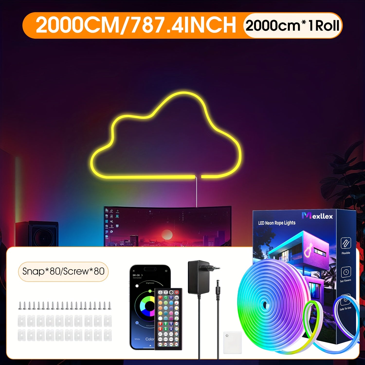 Tira de luz LED neón de 5M/10M/15M/20M/30M, 24V, control remoto/aplicación, tira de luz RGB flexible, IP67, ideal para dormitorio, habitación y decoración exterior