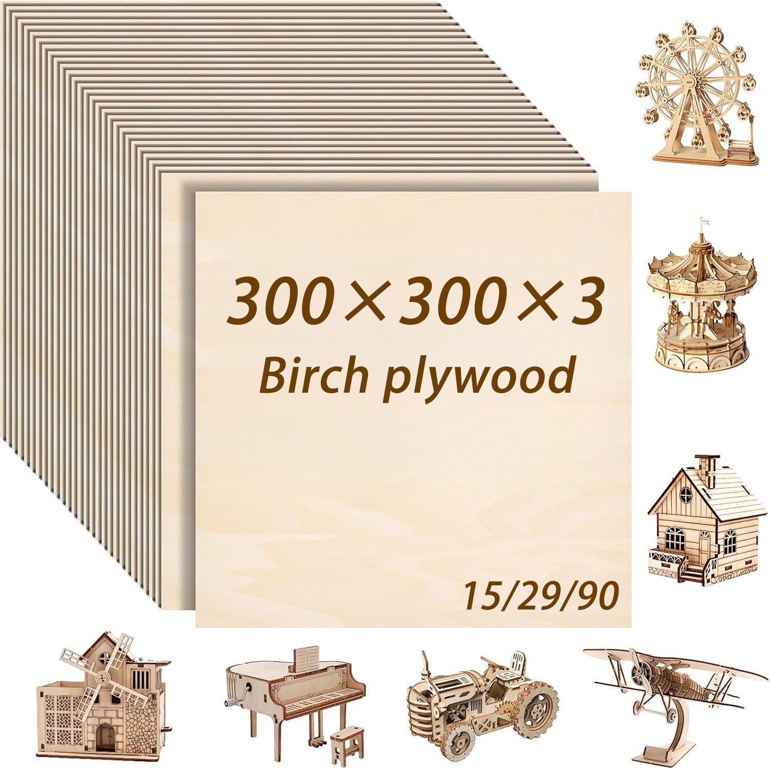 15/29/90 piezas de contrachapado de abedul - TOCOME 300×300×3mm Panel de madera para manualidades de alta calidad, contrachapado sin acabar con veta de madera natural y superficie lisa. Tablero de abedul de 3mm apto para grabado láser, corte CNC, talla de
