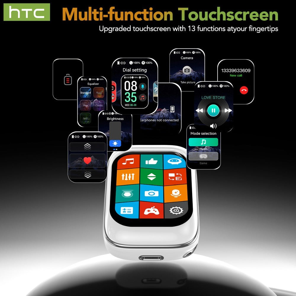 Auriculares Inalámbricos HTC NE48 con Estuche Deslizante OWS, Auriculares con Traducción Inteligente AI, Batería de Larga Duración de 30 Horas, Pantalla Táctil a Color, Baja Latencia, Micrófono con Cancelación de Ruido. Ideales para Música, Trabajo, Regal