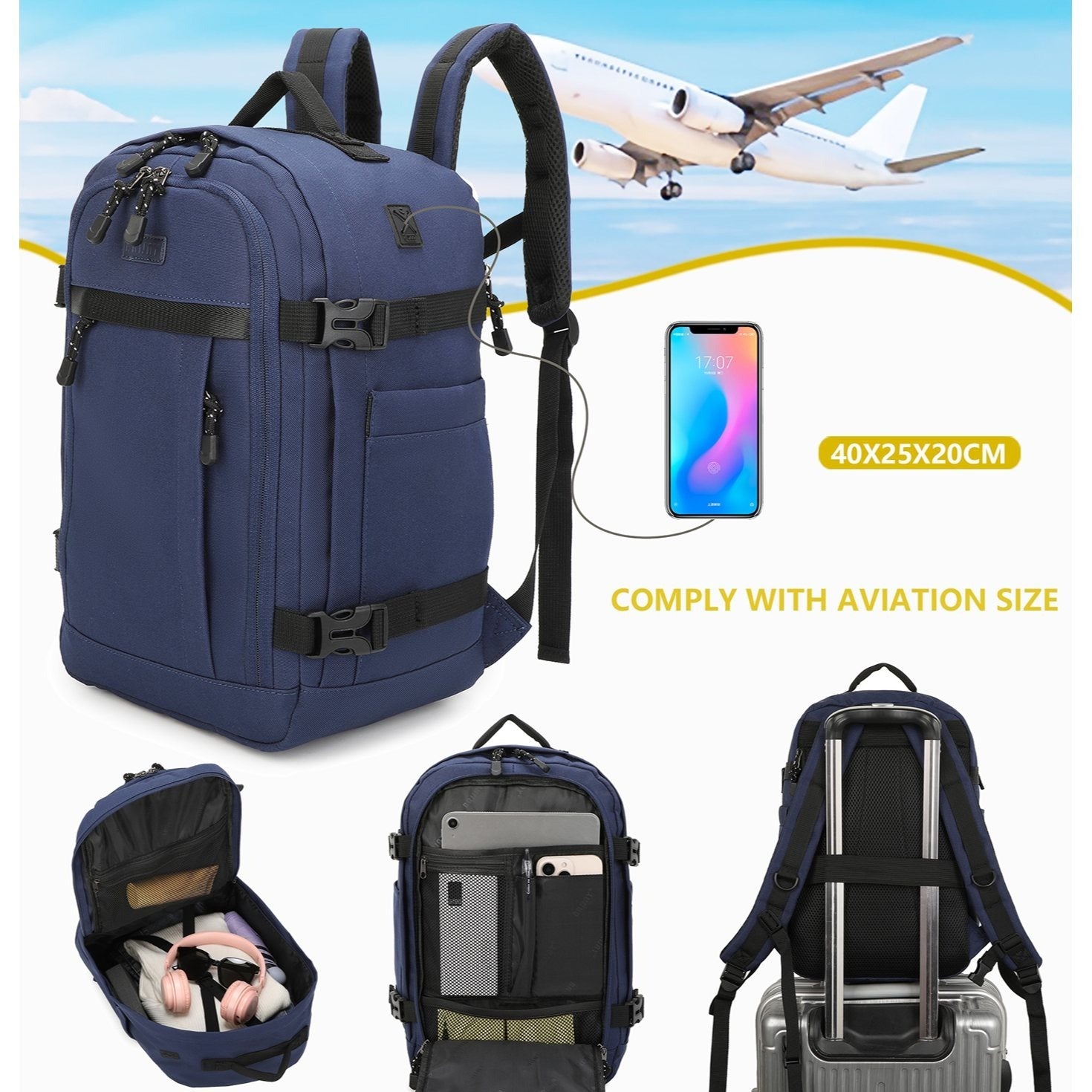 Mochila de cabina 40 x 20 x 25 cm (20 L) | Mochila ideal para viajes en avión | Mochila de cabina para hombre y mujer para el trabajo, viajes, senderismo y escuela