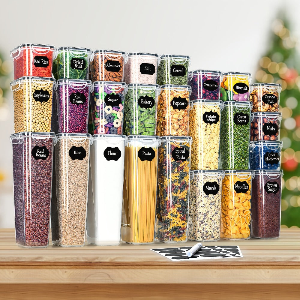 Tarros de Almacenamiento Sellados con Tapas - Juego de 25 Piezas, Contenedores de Cocina, Ideales para Organizar Cocina/Armario/Caravana/Despensa, Perfectos para Almacenar Espaguetis, Harina, Granos y Alimentos Secos, Esencial para el Hogar, Alta Calidad,