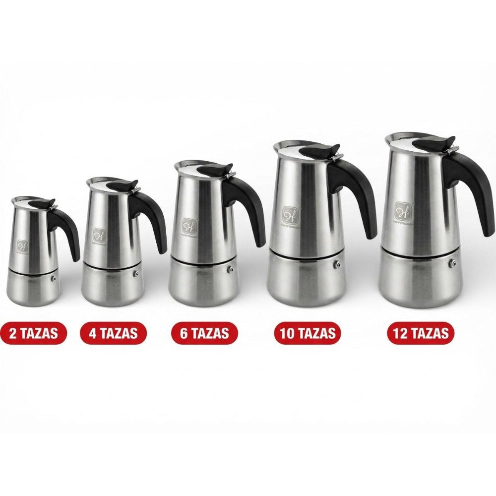Cafetera Italiana de Acero Inoxidable para Espresso, Cafetera Moka Clásica, Mango Ergonómico de Agarre Frío, Ideal para Gas y Eléctrica (No apta para inducción Vitrocerámica), 2-12 tazas- Happy Friends
