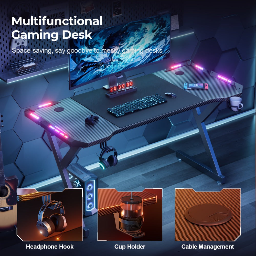 Escritorio gaming resistente en forma de Y con luces LED RGB duales, mesa de ordenador con portavasos y gancho para auriculares, superficie ergonómica de fibra de carbono, mesa para gamers para oficina en casa, dormitorio, negro