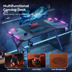 Escritorio gaming resistente en forma de Y con luces LED RGB duales, mesa de ordenador con portavasos y gancho para auriculares, superficie ergonómica de fibra de carbono, mesa para gamers para oficina en casa, dormitorio, negro