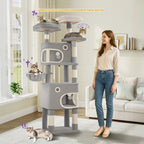 Árbol para Gatos, 180 cm con 8 Postes para Rascar, 3 Plataformas, 2 Cuevas, Cesta, Pelotas de Peluche, Cuerda de Sisal, Adecuado para Gatos de Varios Tamaños, Beige/Gris Claro/Gris Oscuro