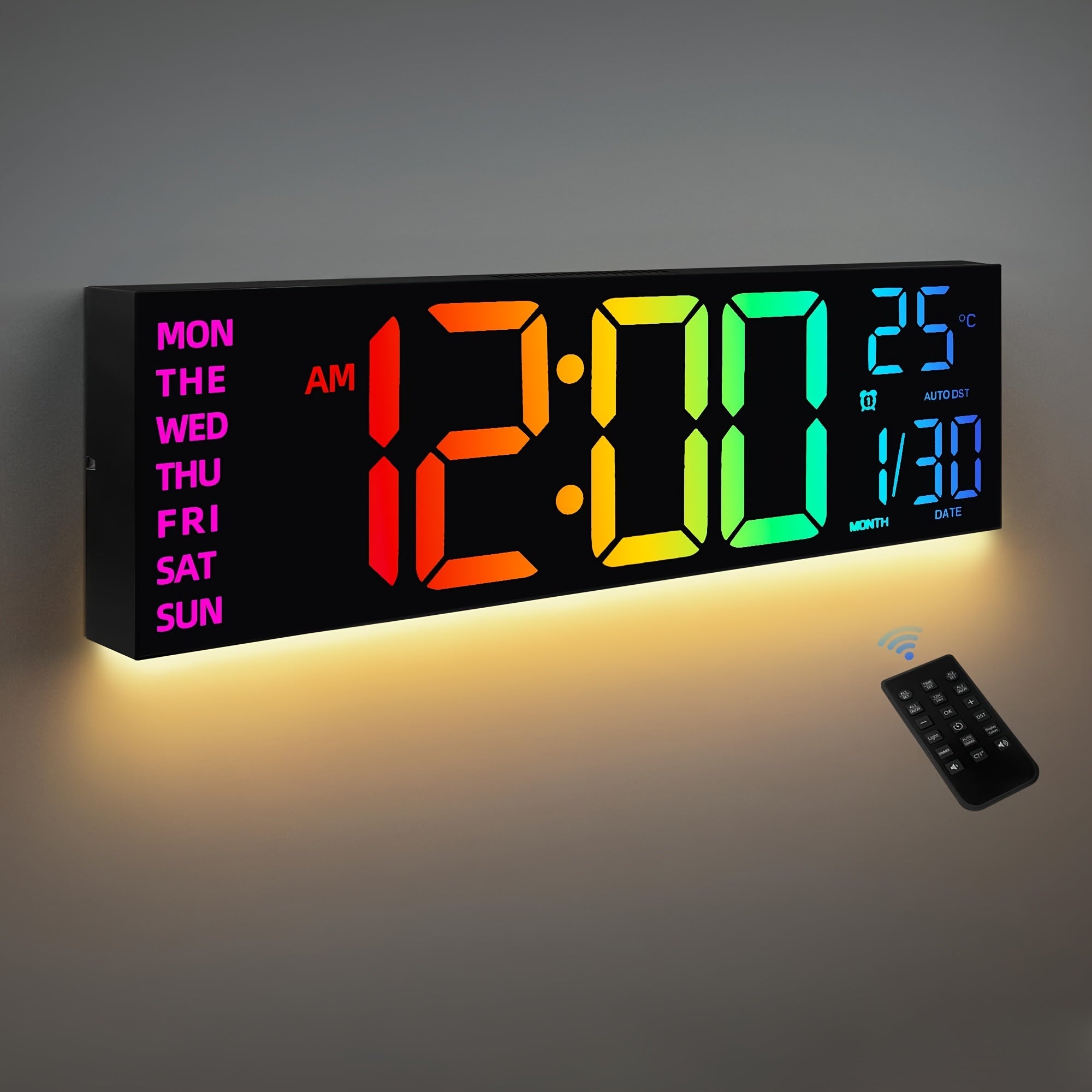 Reloj de pared digital grande de 41.91 cm con control remoto, gran pantalla LED/doble alarma/8 colores RGB/brillo automático/fecha/horario de verano automático/temperatura/luz nocturna, relojes de gimnasio para sala de estar, dormitorio, oficina, decoraci