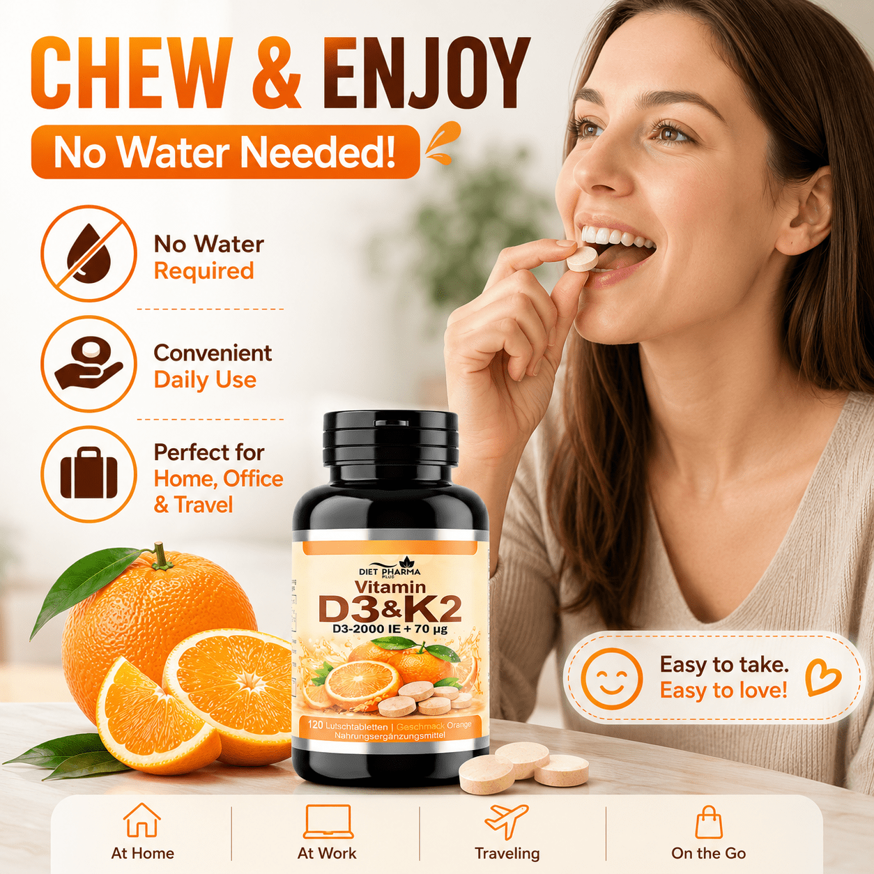 Tabletas masticables de Vitamina D3 + K2 – 120 tabletas – Sabor naranja – Suplemento alimenticio con Vitamina D3 y Vitamina K2 – Tabletas fáciles de masticar para adultos
