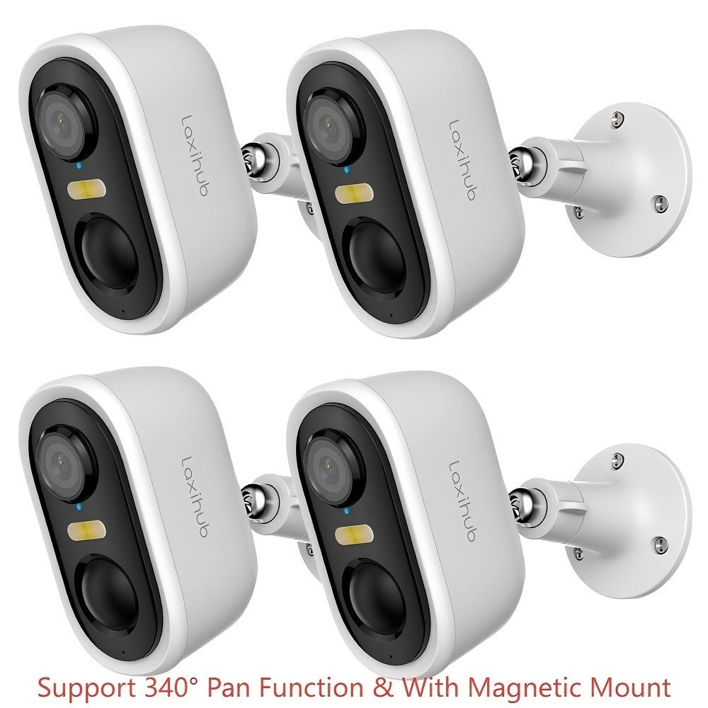 4pcs Cámara de Seguridad LaxiHub Inalámbrica para Exteriores, Resolución 1296P, Batería de 5200mAh, Almacenamiento en Nube/SD, Detección AI de Movimiento, Visión Nocturna a Color, Audio Bidireccional, Sin Tarjeta SD